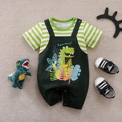 Summer Boys and Girls Cute Dinosaur Strap Comfortable and Casual Cotton Short Sleeve Round Neck Baby Bodysuit