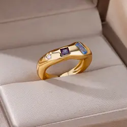 Tricolor Zircon Geometric Rings For Women Stainless Steel Square Ring Aesthetic Wedding Jewelry Accessories Gift 2024