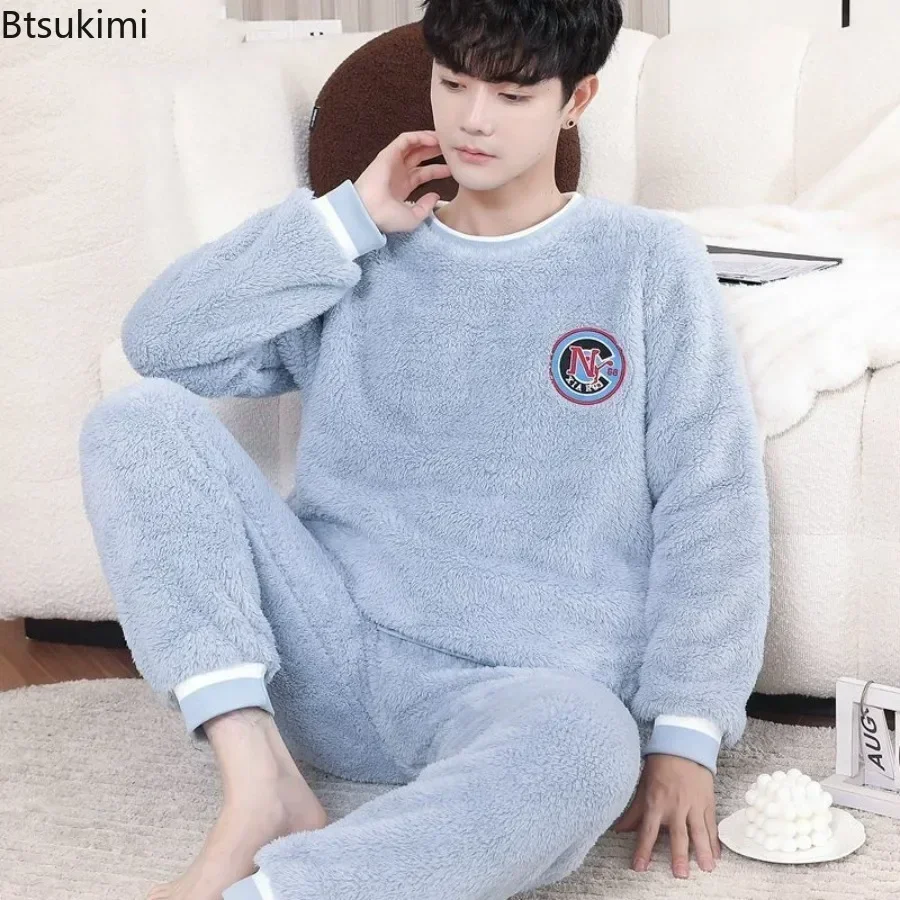 2024 Men\'s Warm Pajama Sets Autumn Winter Flannel Pijamas Sets 2PCS Homewear Sleepwear for Men Oversized Two Pieces Sets Male