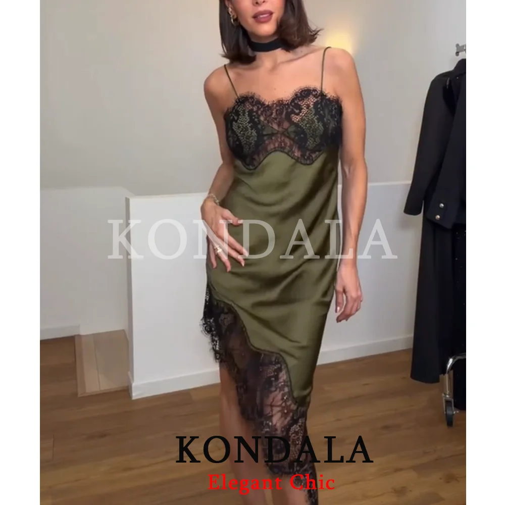 Kondala feminino elegante renda verde midi suspender vestido assimetria bainha vestido 2026 primavera verão moda jantar festa cami vestido