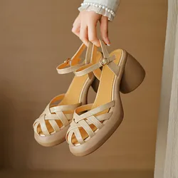 High Heel Buckle Strap Modern Sandals Square Heel Solid Women's Shoes on Sale 2024 High Quality Shallow Concise Women's Sandals