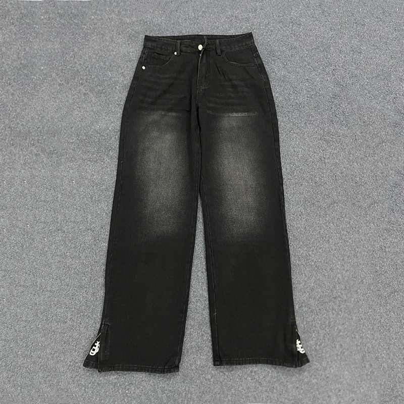Vintage gewassen denim broek herfst rechte pijpen casual straat rits borduurpatroon voor dames