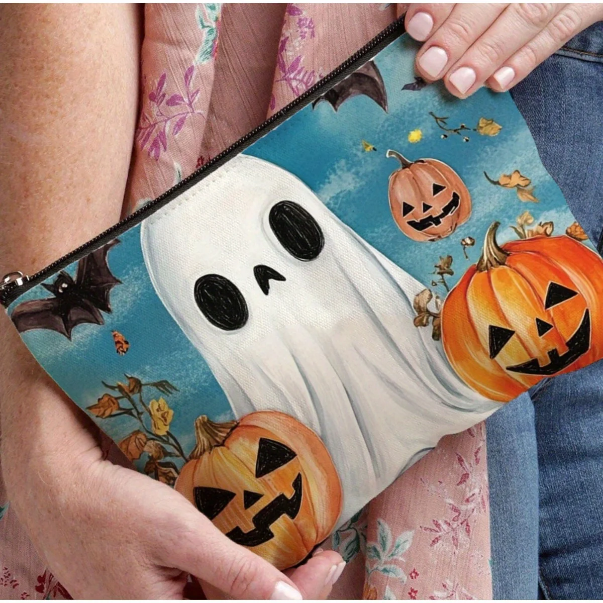 Eine Make-up-Tasche mit Halloween-Geist-Kürbis-Muster – multifunktionale Reißverschlusstasche, Schmuckaufbewahrungstasche, perfekter Reise-Reißverschluss, kleiner Sto