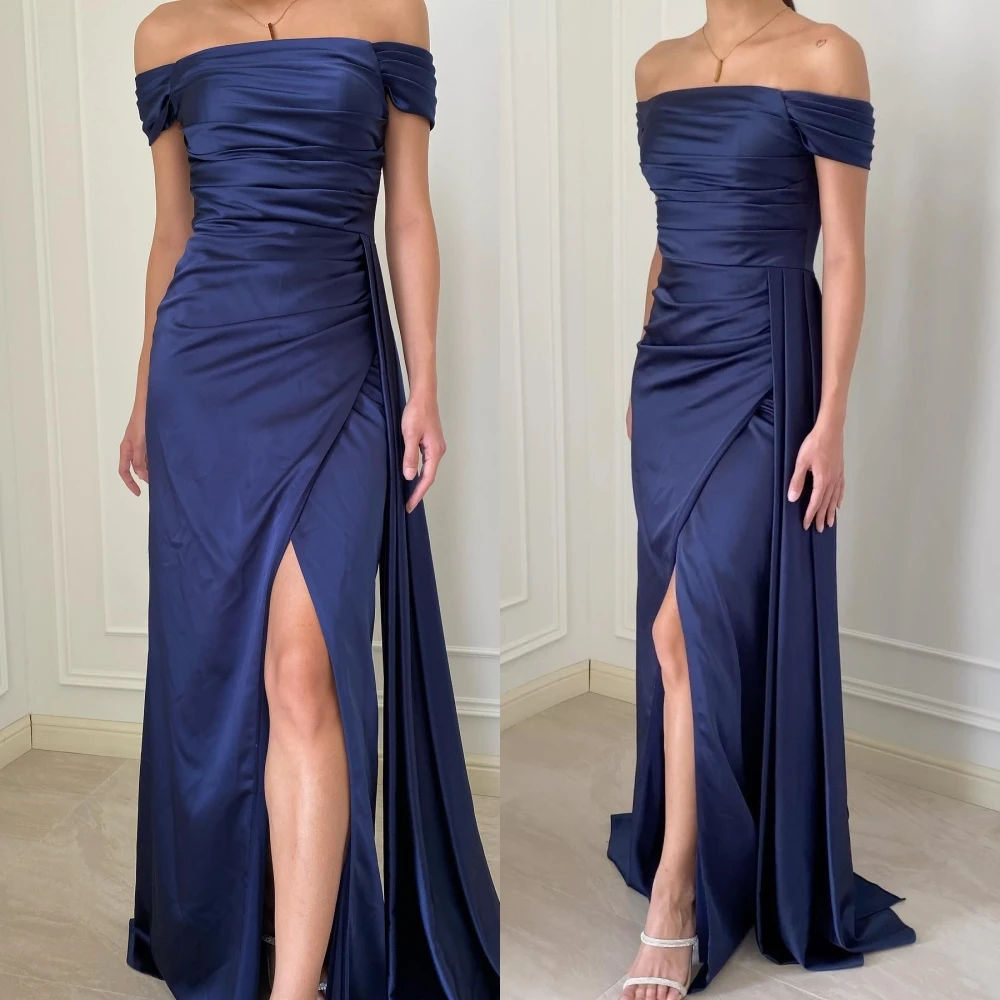 

Ball Elegant Simple Bateall A-line Floor Length Formal Ocassion Gown Shirred Satin vestidos de noche elegantes para