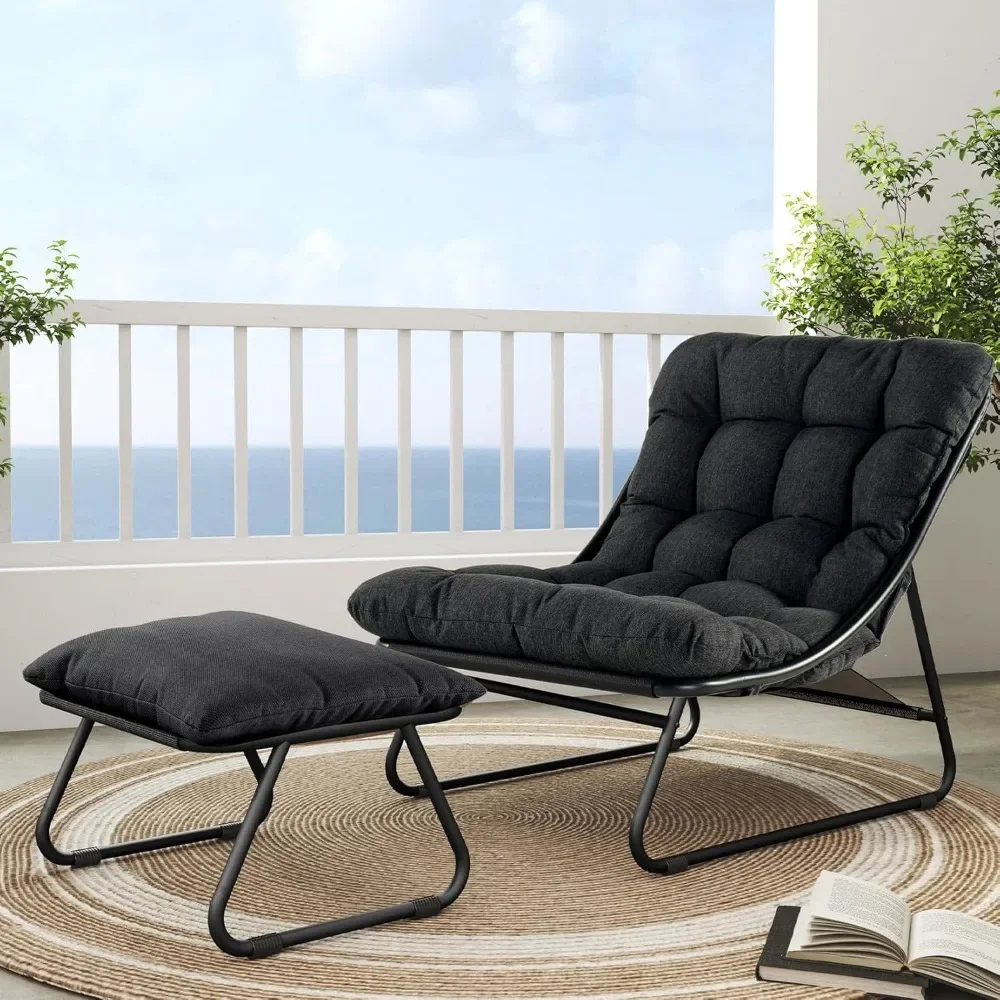 

Outdoor Lounge Chair with Ottoman, Comfy Sling Recliner Chair with Puffy Cushion and Footstool, Samba Modern Patio Furniture