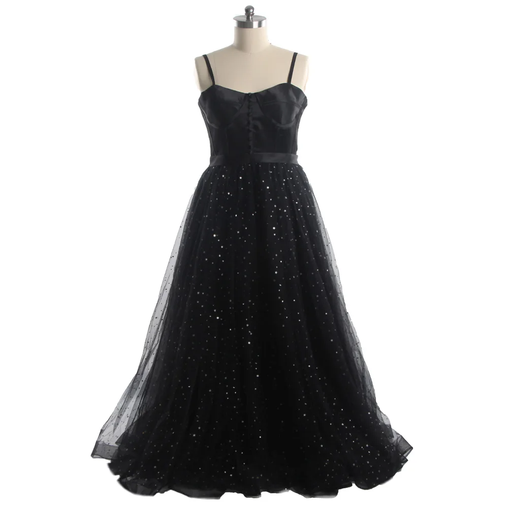 

Evening Dresses Black Tulle Simple Strapless Sleeveless Lace up Bling A-line Pleat Floor Length Plus size Lady Party Dress B923