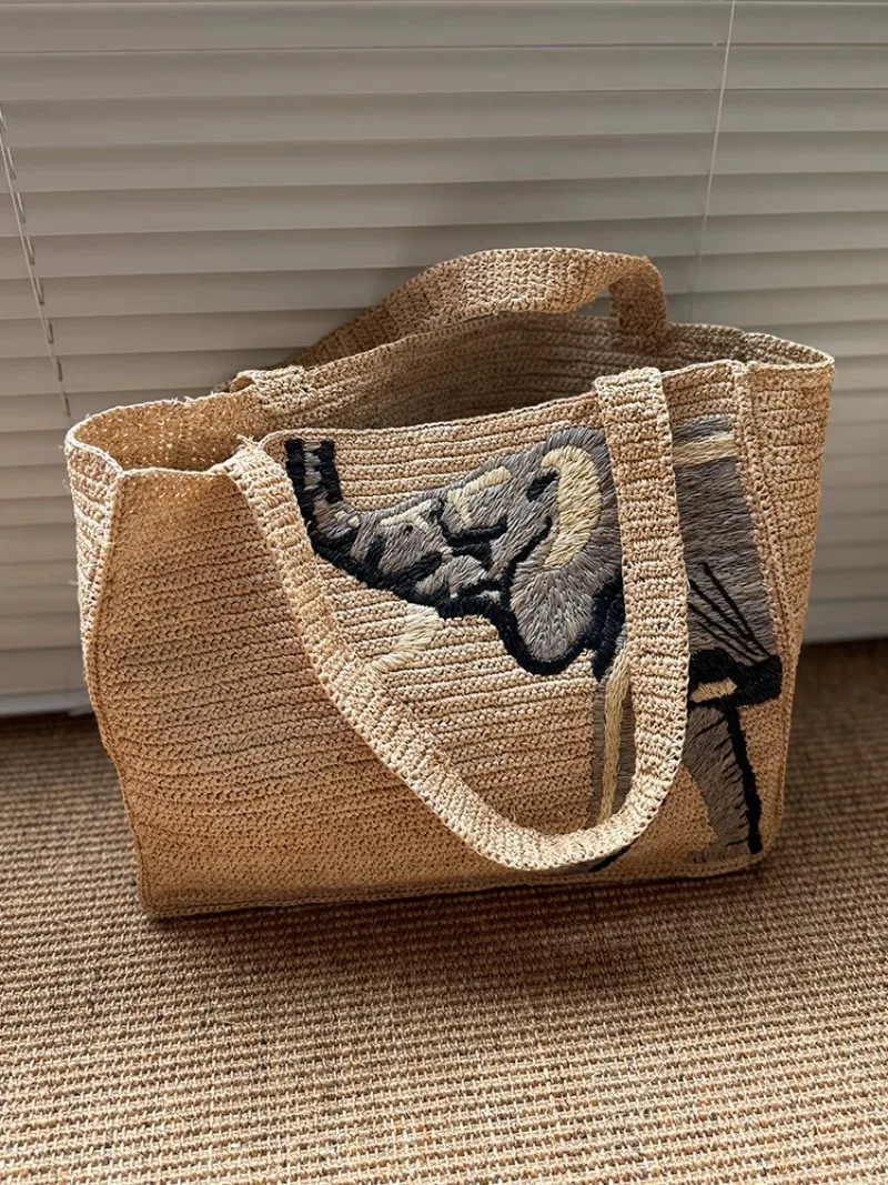 Casual Woven Messenger embroidery Shoulder Bag Summer Beach Handbag Lafite Women Large Capacity Straw Weave Leisure Travel Bag