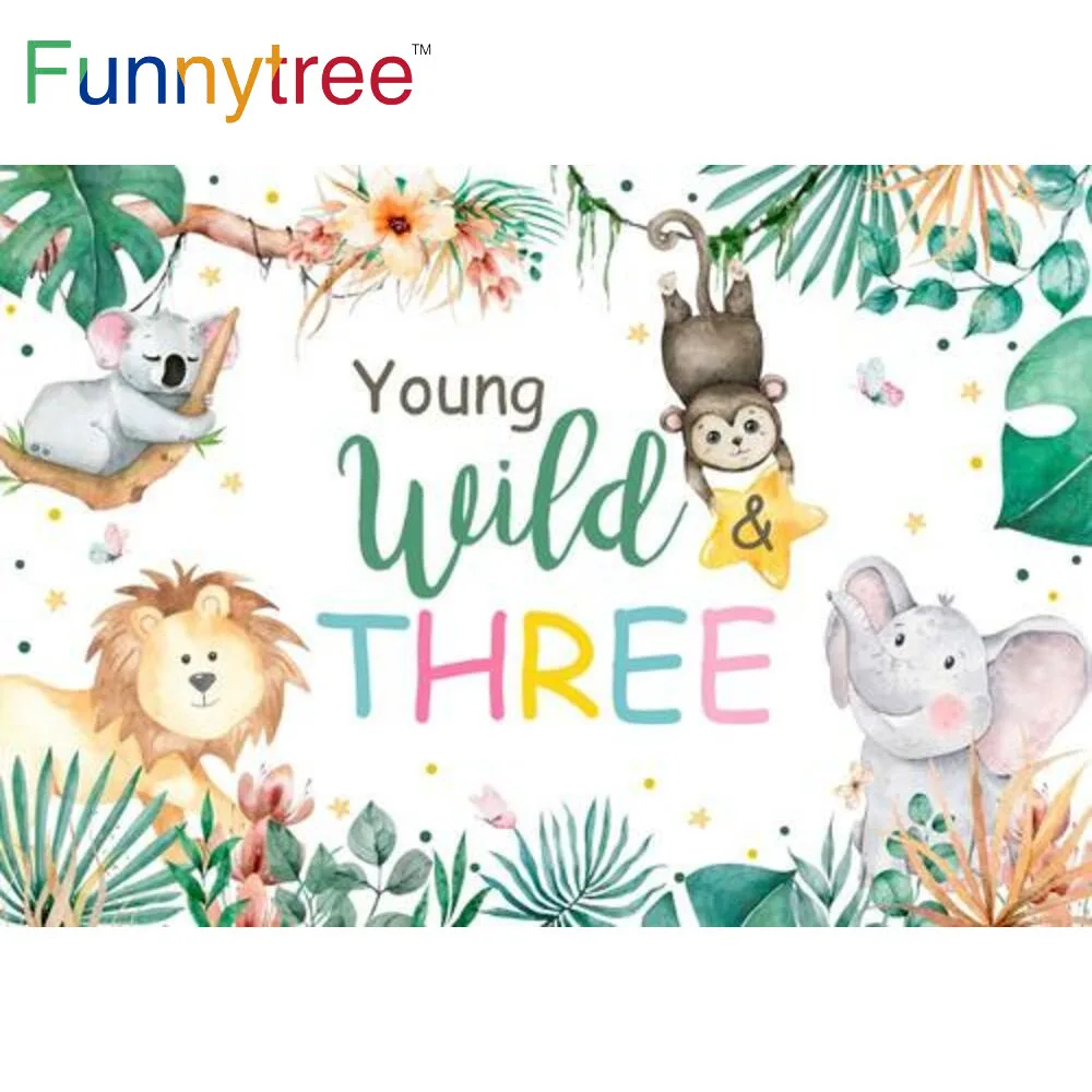 

Funnytree Young Wild Three 3rd Birthday Party Background Animals Jungle Theme Safari Baby Shower Custom Photography Backdrop