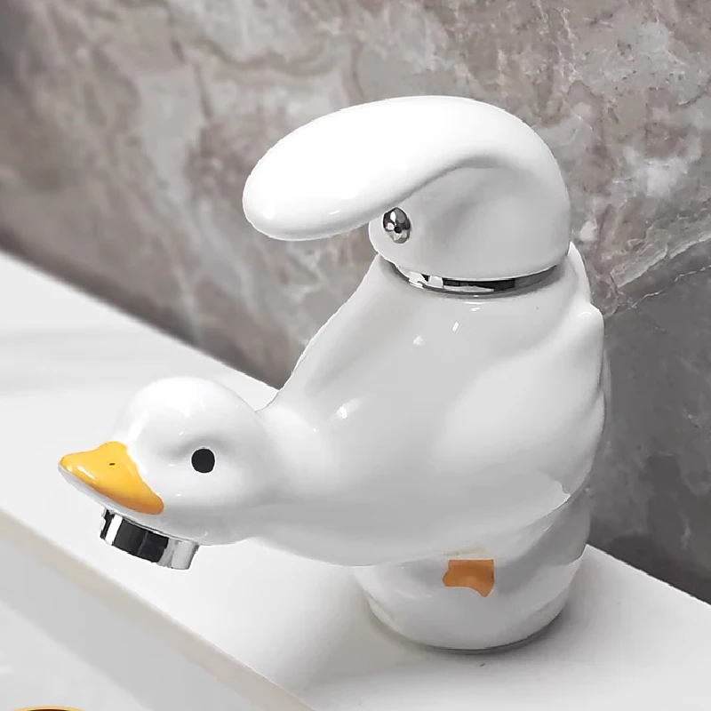 

Cartoon Cute White Ceramic Duck Faucet Washbasin Basin Home Wash Basin Hot and Cold Water Faucet Bathroom Decoration Gadgets