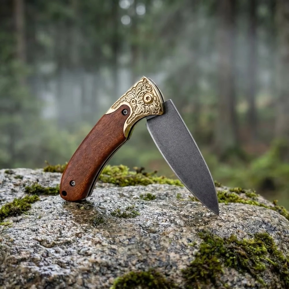 Cross Pattern Folding Pocket Knife High Quality Forging Steel Blade, Ebony Handle, Outdoor EDC Camping Knife Hiking Knife