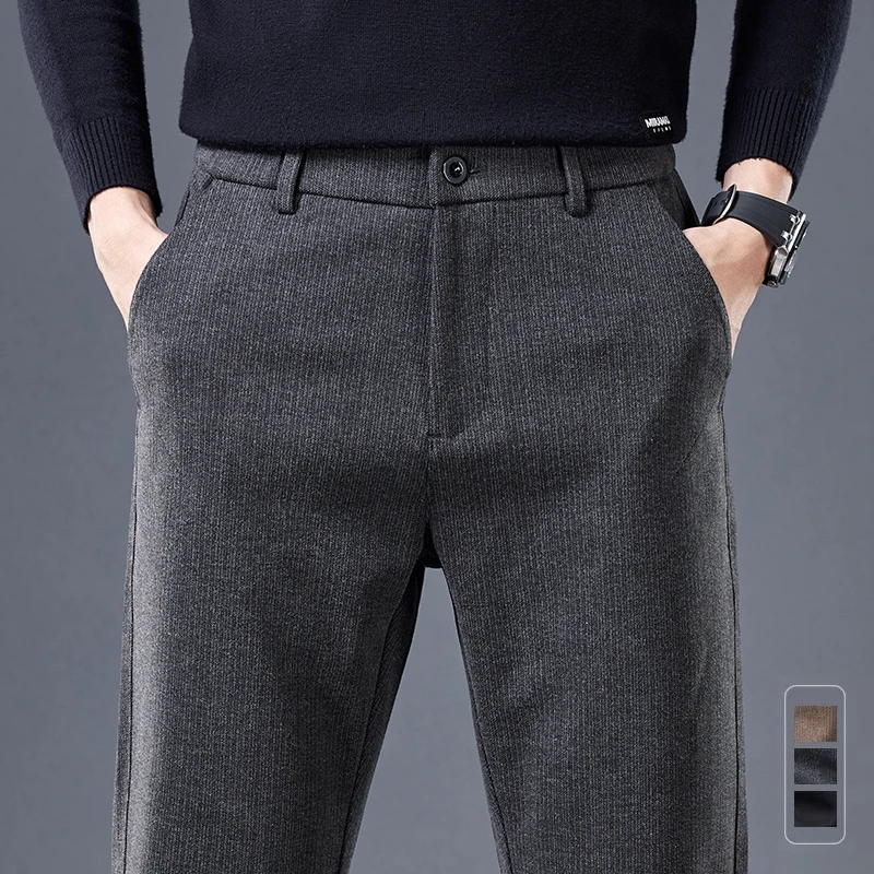 

Autumn Winter Fashion Slim Stripe Mens Pants Elastic Waist Business Suit Stretch Thick Korea Formal Trousers Male Brand Clothing