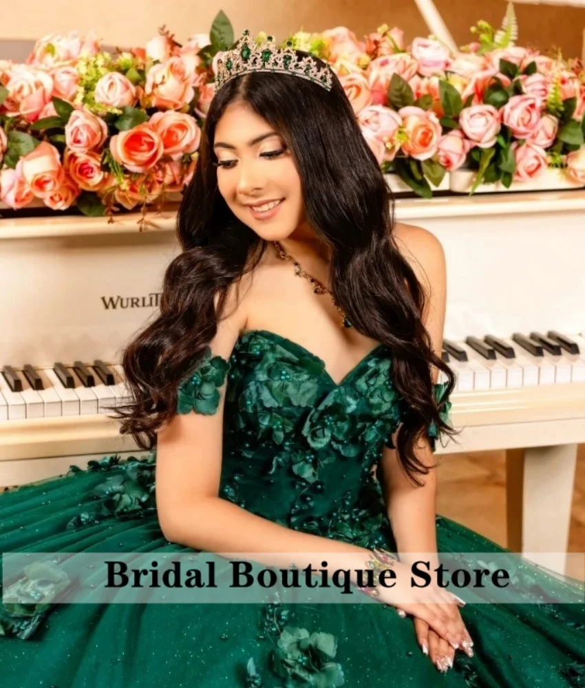 Exquisite Emerald Green Qinceanera Dress Floral Appliques Beading Pearls Ball Gown Sweet 16 Vestidos De 15 Años Customized