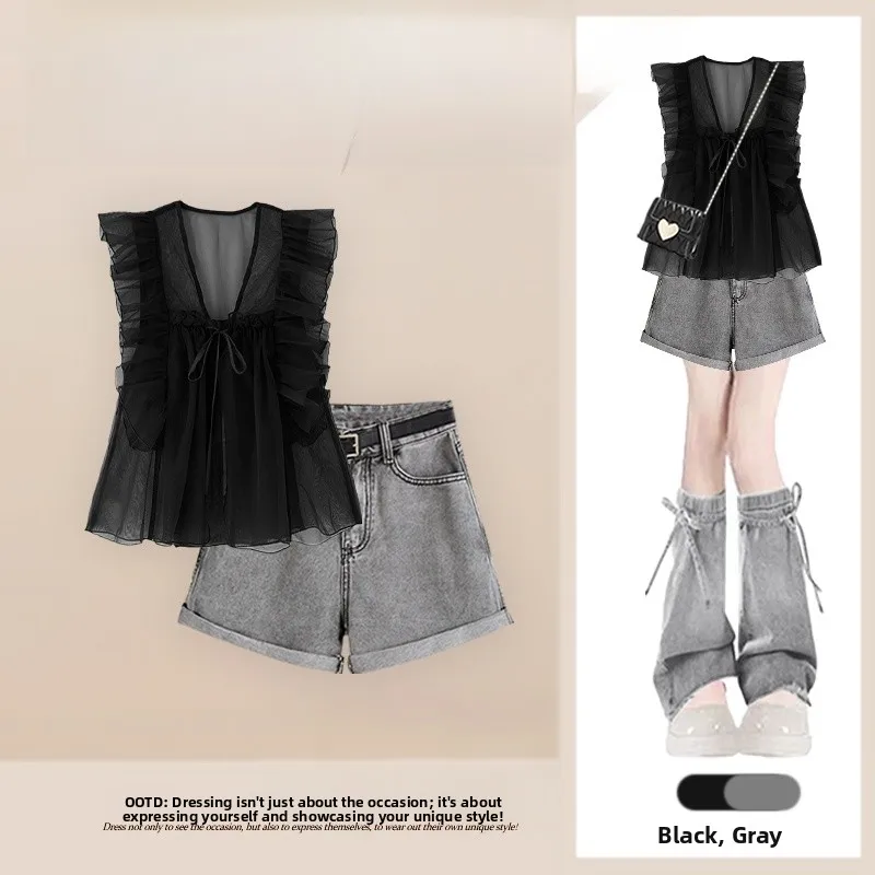 

Летний студенческий жилет для похудения Fly Sve, топ, женский сладкий пряный джинсовый комплект с высокой талией, комплект из двух предметов, моющийся ансамбль