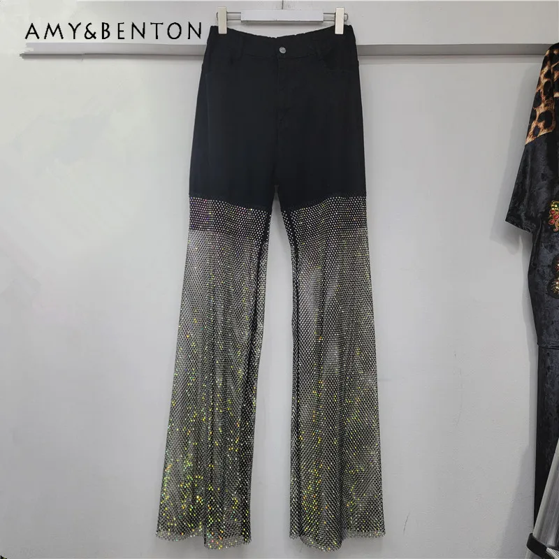 

Autumn New Y2k Rhinestone Hollow Fishnet Hot Drilled Design Sense Patchwork Straight Jeans Women's Long Denim Pants Streetwear