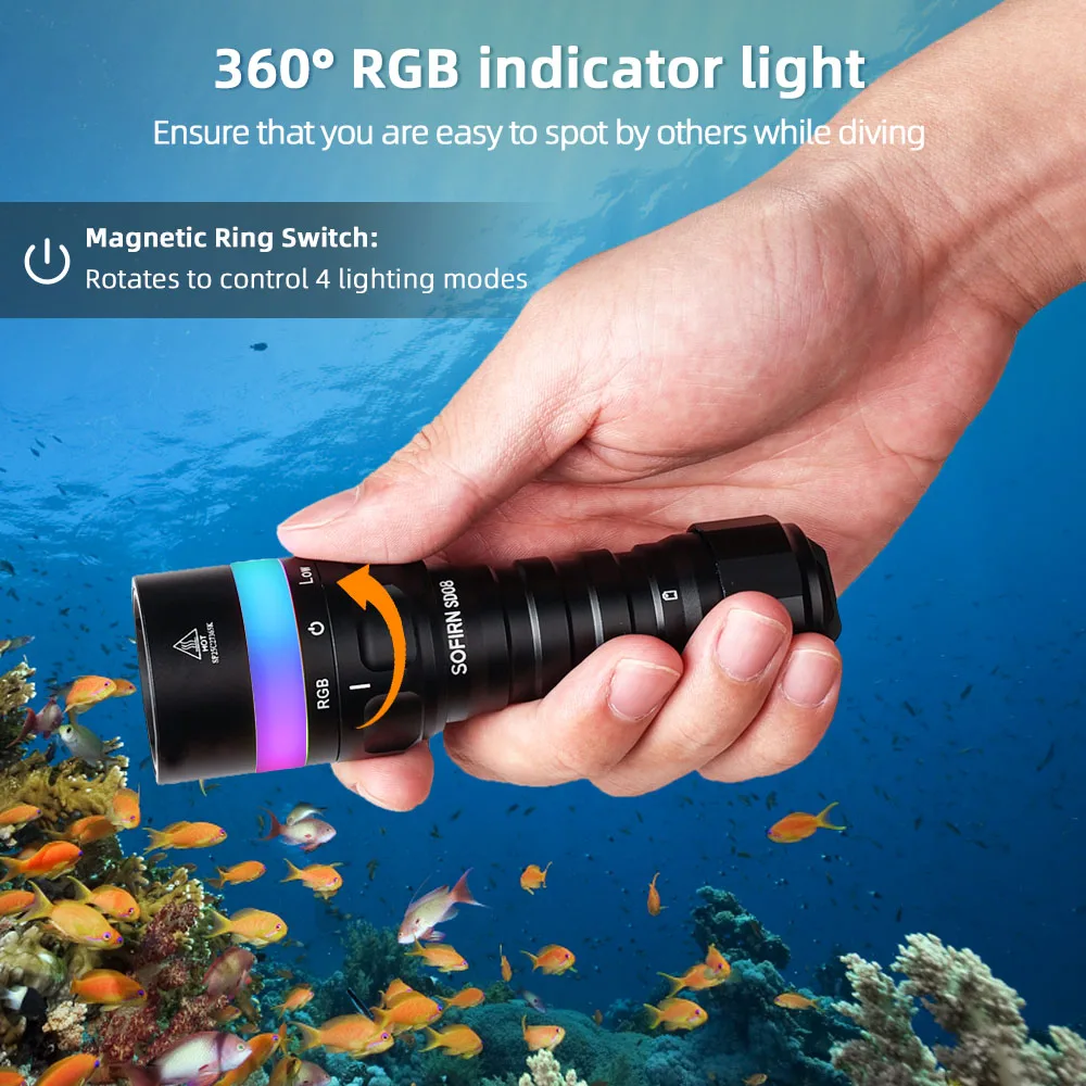 SOFIRN SD08 360 ° RGB Tauchlampe SST70 LED 3200lm Wiederaufladbare 21700 Unterwasser-Taschenlampe – Detail 5