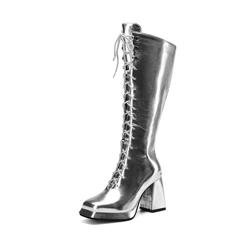 Botas Mujer High Knee Boots Women Platform Sexy Luxury Gold Sliver Heels Zip Winter Party Dance Shoes Ladies Large Size 46 33-13