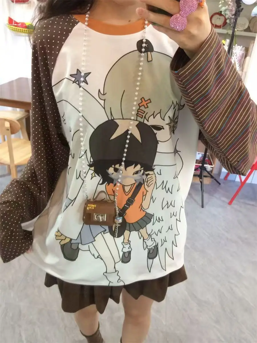 

Y2K японская кавайная лоскутная футболка с длинными рукавами и полосатыми рукавами в горошек, толстовка для девочек-подростков, большие размеры