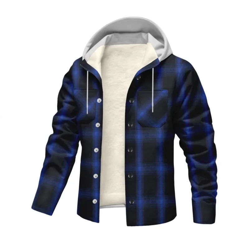 New men's fall winter casual stylish warm hooded sport coat,classic check pattern with fleece fabric, pocketed sport coat gömlek