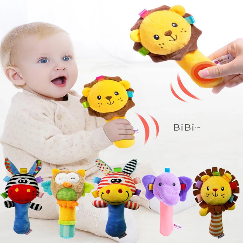 0-12 Months Baby Soft Plush Hand Rattle Squeaker Sticks for Toddlers Cartoon Stuffed Animal Teether Newborn Sensory Develop Toys