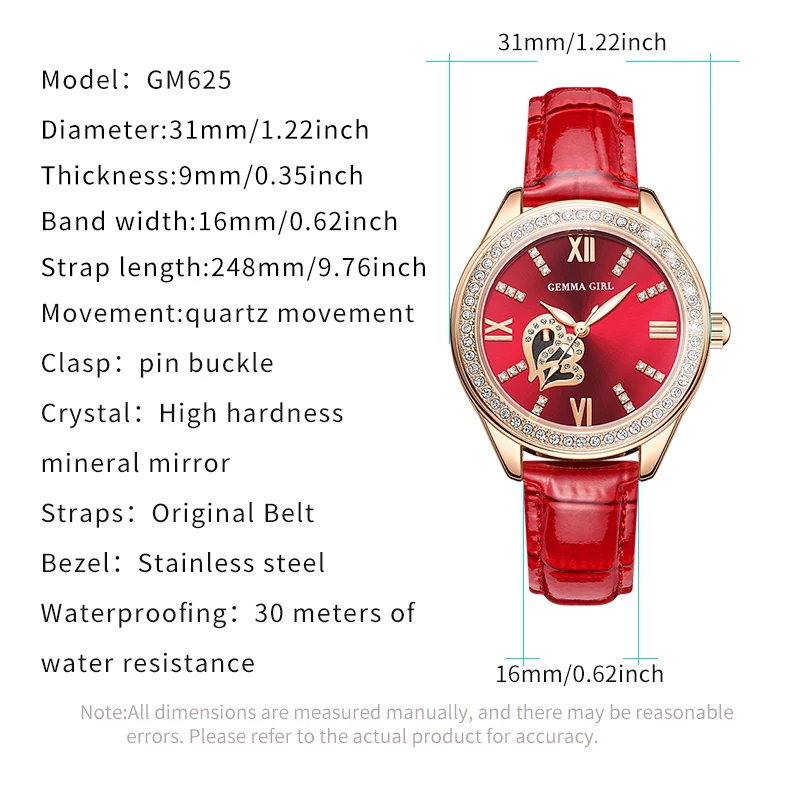 Women's Quartz Watch GEEMA GIRL Original Fashion Classic Red Leather Strap Elegant Waterproof Ladies Wristwatches Montre Femme