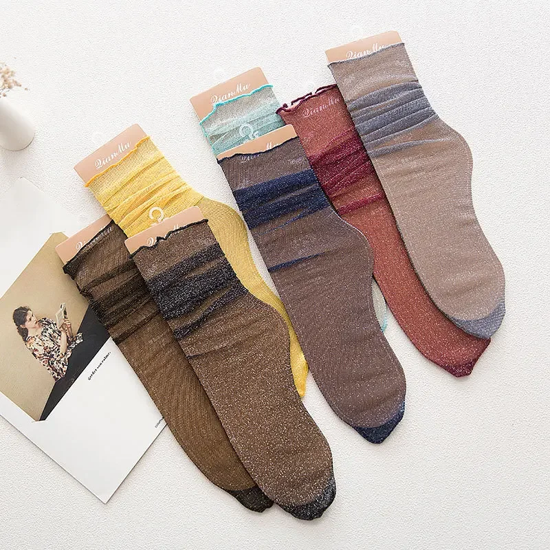

Women Shiny Socks Trendy Fashion Girls Glitter Short Socks Spring Summer Crystal Glass Silk Elastic Thin Gauze Transparent Sox