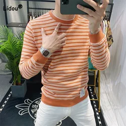 Casual Male Clothes Round Neck Striped Trend Sweatshirts Autumn Winter New Fashion All-match Patchwork Long Sleeve for Men