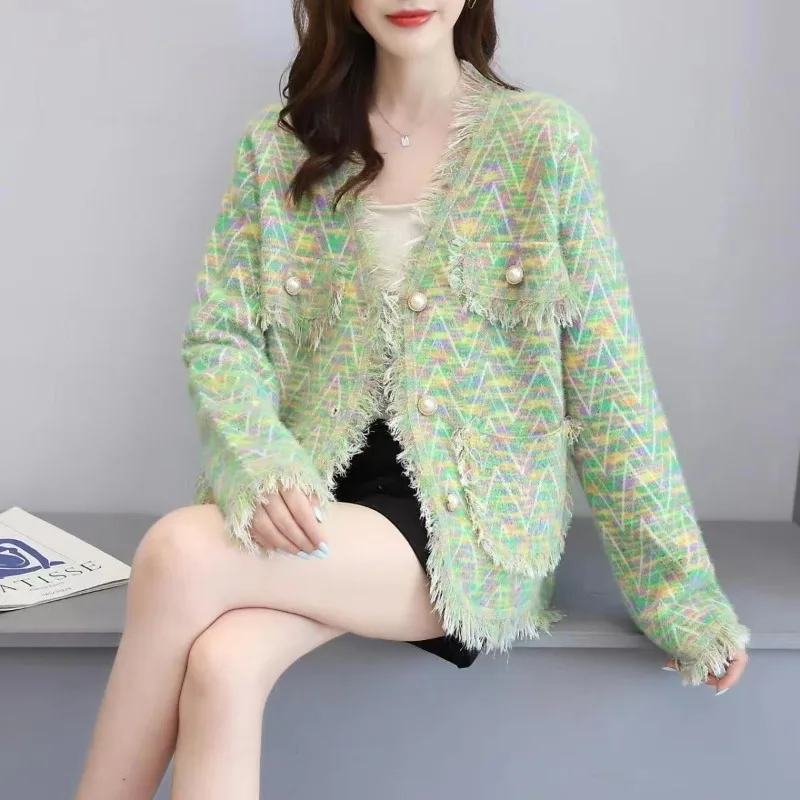 

Новое осенне-зимнее женское пальто в стиле копия норки, свободный высококачественный топ с бахромой, французский вязаный свитер и пальто-кардиган