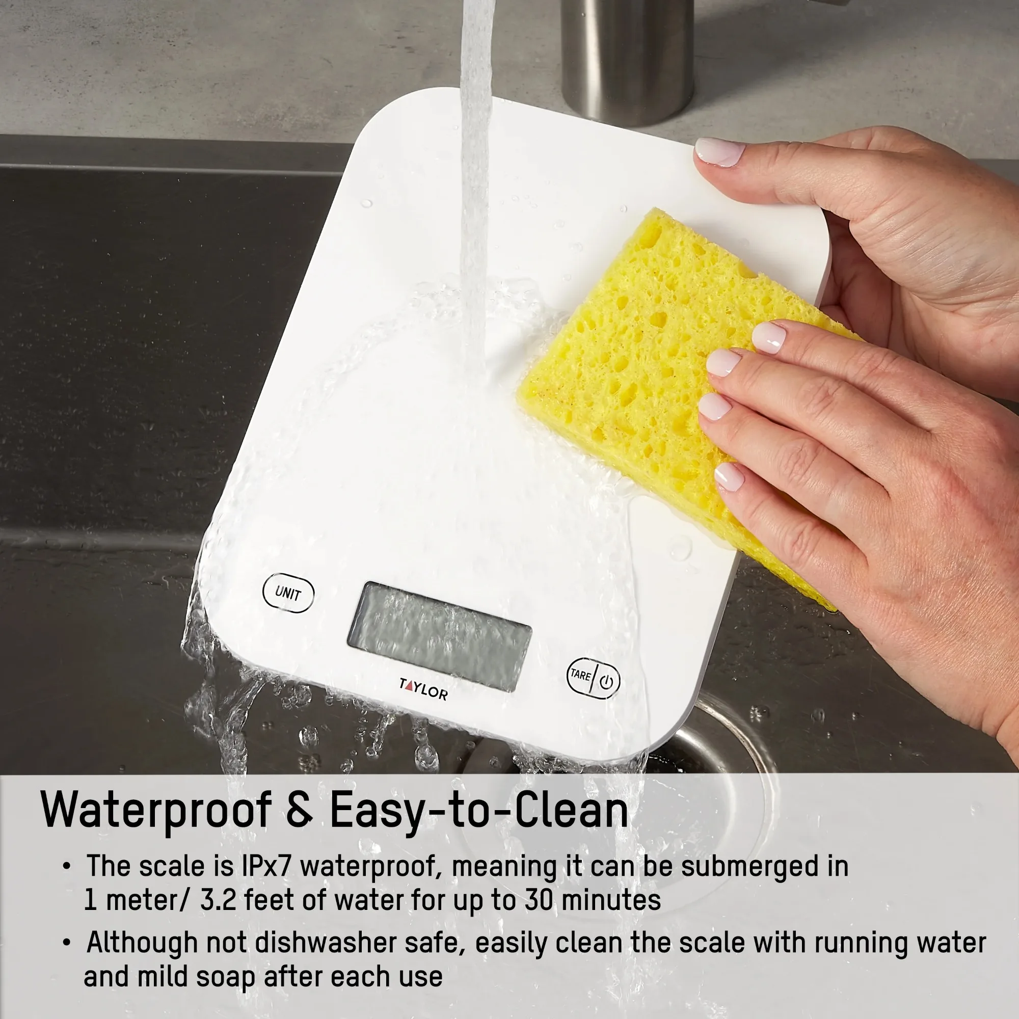 Digitale wasserdichte Küchen- und Lebensmittelwaage mit Gramm und Unzen, weißes Fassungsvermögen von 11 Pfund