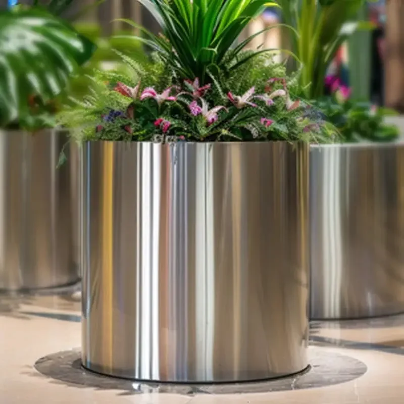 Stainless steel cylindrical device outdoor high-grade cylindrical gardening simple large flower box metal large flower box