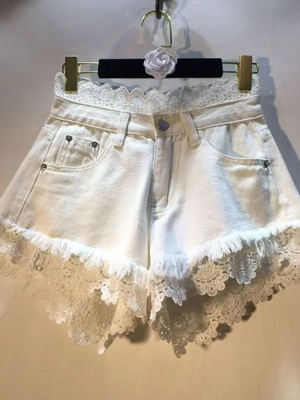 

High Waist Splice Lace Trim Denim Shorts Women's Summer Fashion Slimming Hot Pants Commute Style Korean Brand Wide Leg Pants