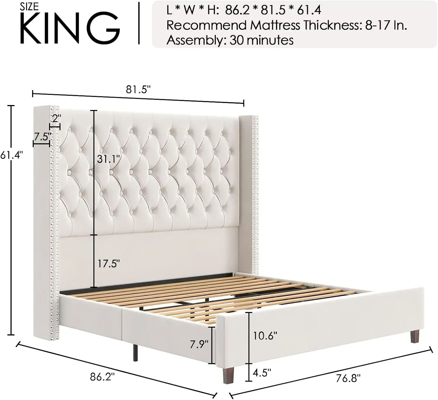 King Platform Bed Frame 61.4" Handmade Headboard Velvet Tall Upholstered Bed Deep Button Tufted/No Box Spring Required