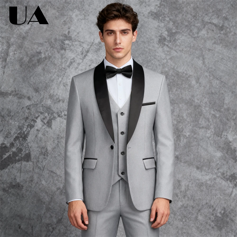 

Trendy 3-Piece Mens Suit Set with Shawl Collar, One Button Slim Fitting Suit Jacket Vest Pants Luxury Mens Business Tuxedo