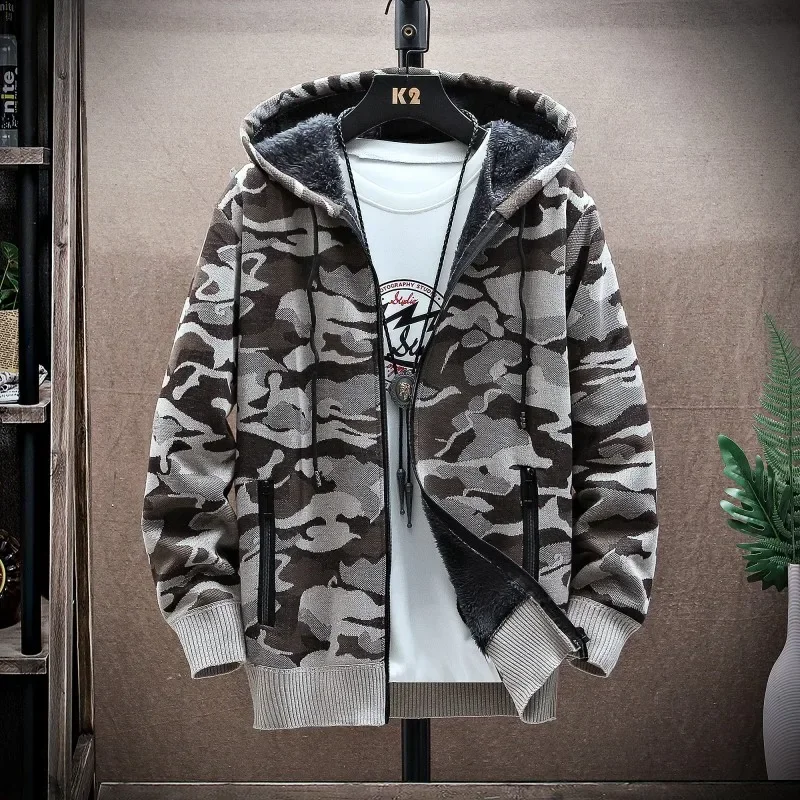 Men Hooded Camouflage Cardigan SweaterCoat 2024 Winter New Fleece Thickened Zipper Sports Casual Male Knitwear Jacket Clothing