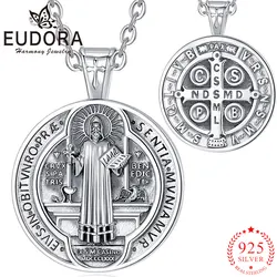 Eudora 925 Sterling Silver Saint Benedict Necklace Cross Raven Rune Religious Pendant San Benito Amulet Men Women Fine Jewelry