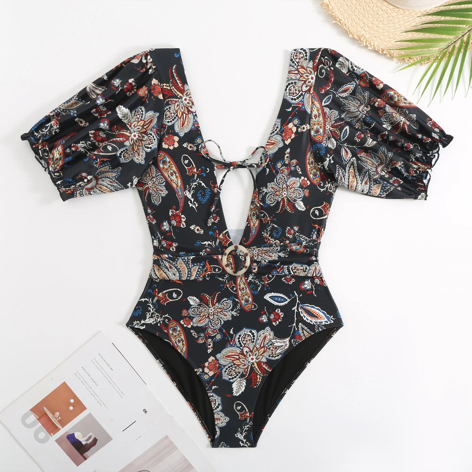 Women One Piece Swimsuit Cover Ups Ethnic Print Swimwear 2024 Summer New Beach Dress Retro V-Neck Halter Bath Suits