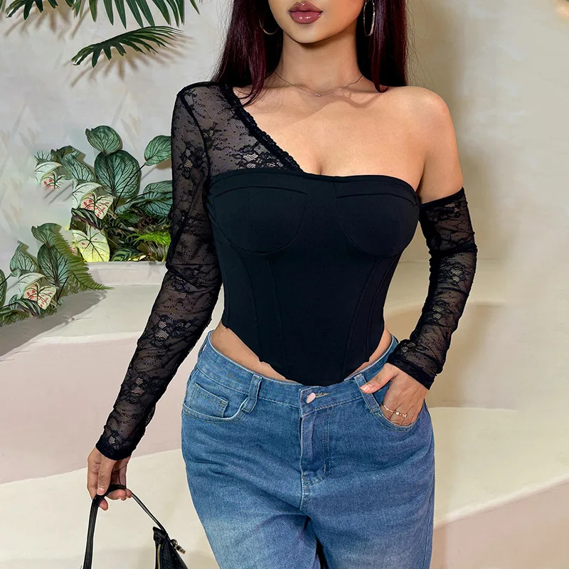 

Autumn New Style Pure Desire Sexy Hot Girl Versatile Slimming Slant Shoulder Lace Splicing Top