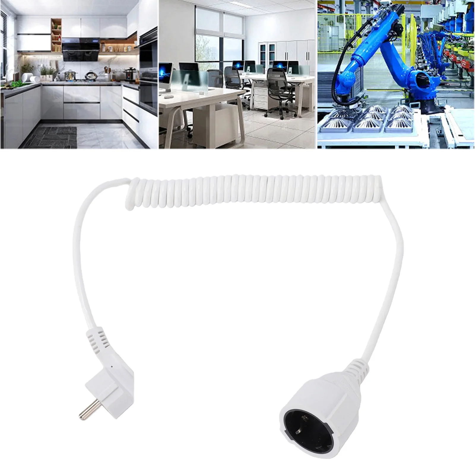 Extension Cord 3 X 1mm² Spiral Cable with Plug 0.8-2m Flexible IP20 16A for Home Office Outdoor Construction Site White