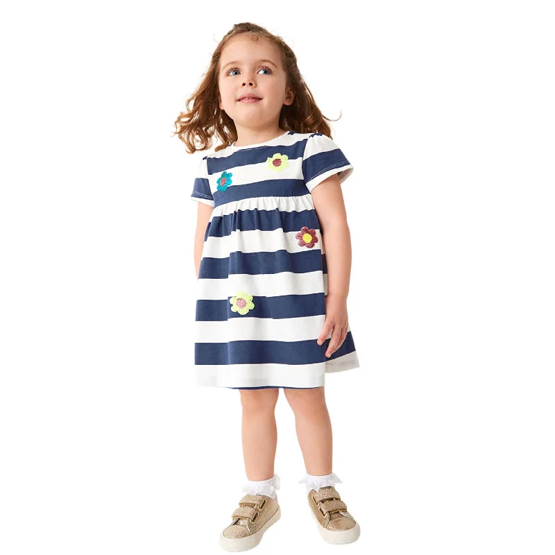 

Jumping Meters Striped Beading Princess Children's School Dresses Summer Girls Cotton Clothes Kids Tunic Short Sleeve Dresses