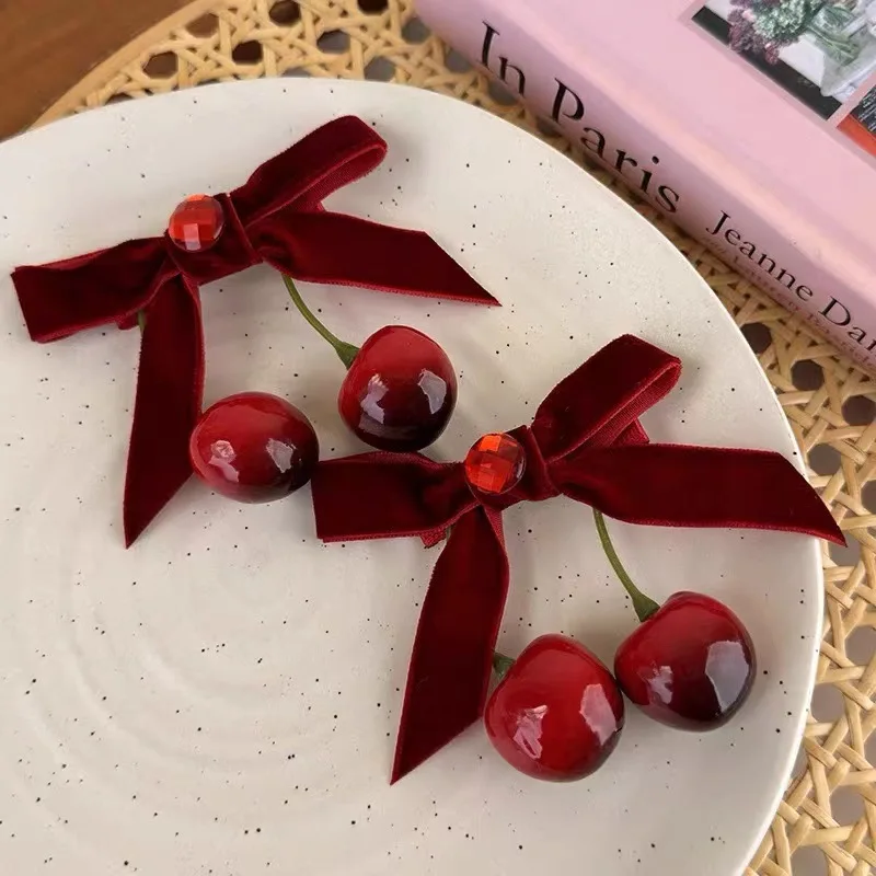 Red Cherry Hair Clip New Year Velvet Bow Hairpin Women\'s Half Tie Elegant Duckbill Clip Your Girl\'s Winter Hair Accessories