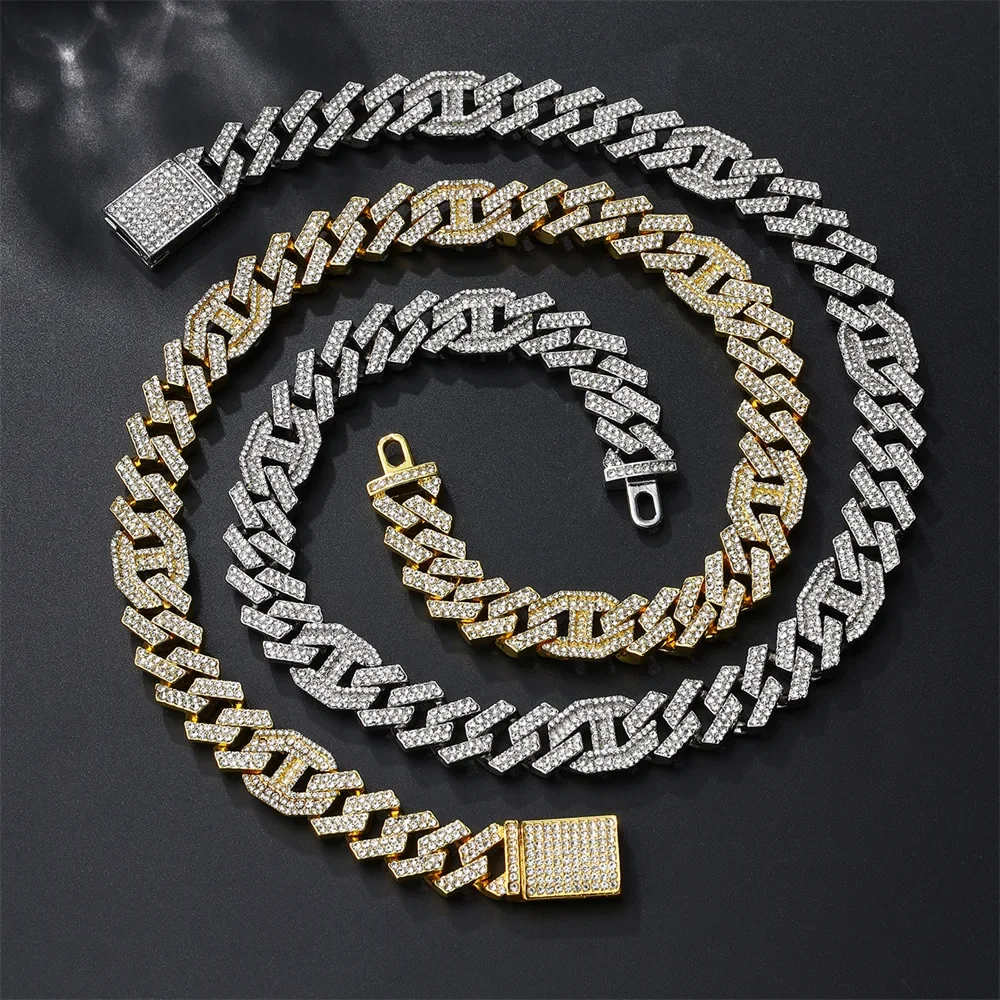 Big Heavy Hip Hop ice Men Boy Jewelry Micro Pave CZ  Gold Two Tone Color Rock Punk Ice Out Cuban Chain Necklace 15mm