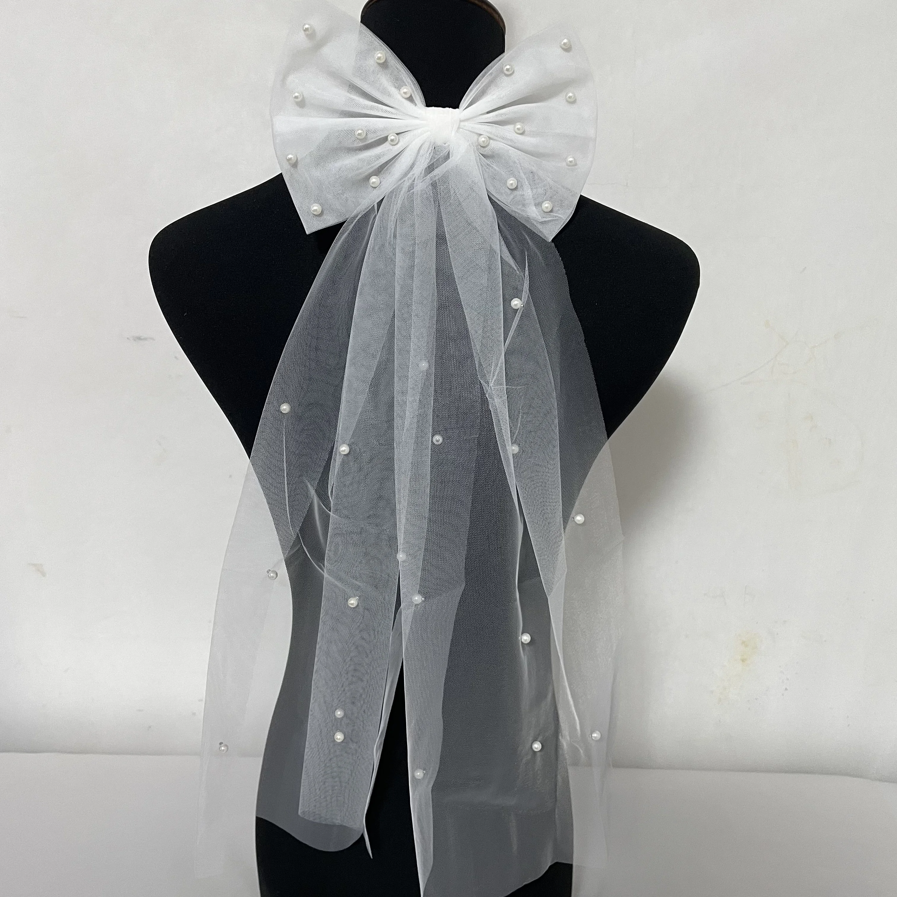 Tocado de Boda nupcial elegante, tocado de malla blanca, lazo de perlas de imitación, velo corto, decoración de la Cabeza trasera, accesorios para el cabello