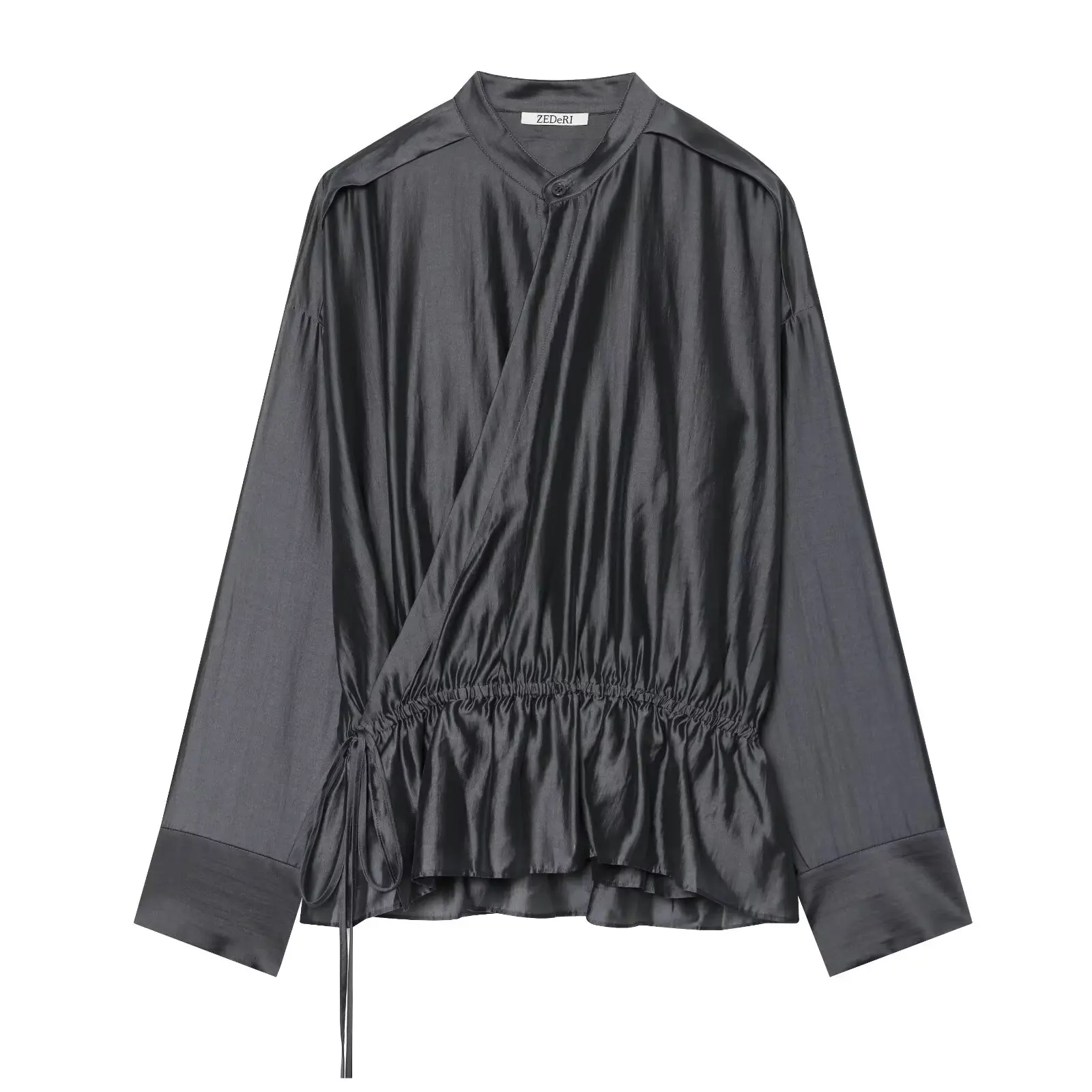Women's Double Placket Draped Blouse Stand Collar Long Sleeve Drawstring Waist Wrap Top Casual Y2k Elegant Office Ladies Shirts