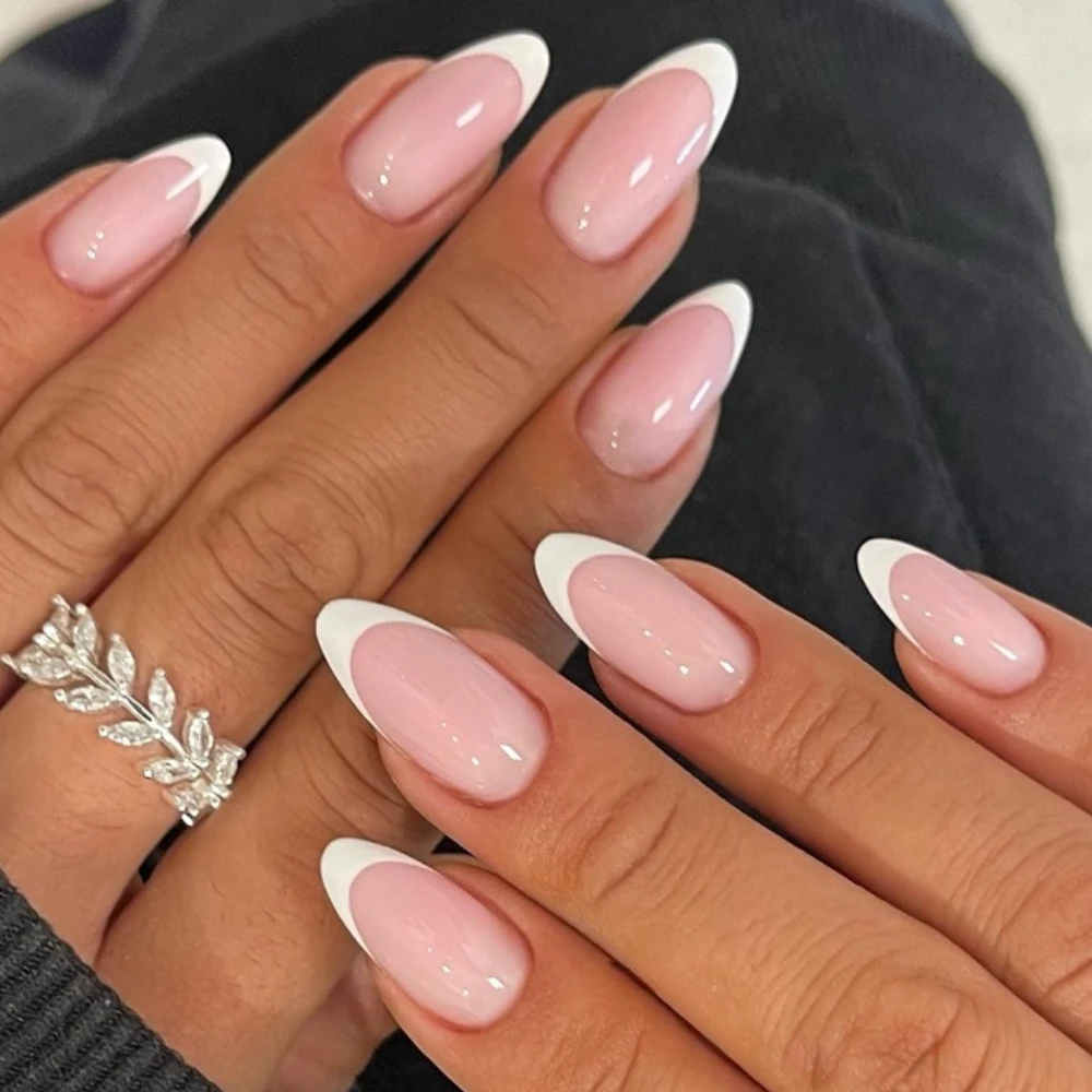 10 Pcs Handmade Manicure Medium Almond Fake Nails French Limited Nails Press On Nails Design with Adhesive Nail File Set