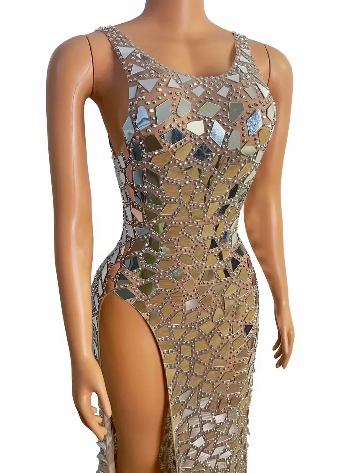 Sleeveless Shining Mirror Sequins Sexy Split Long Dress For Women Evening Celebrity Clothing Stage Prom Singer Costumes