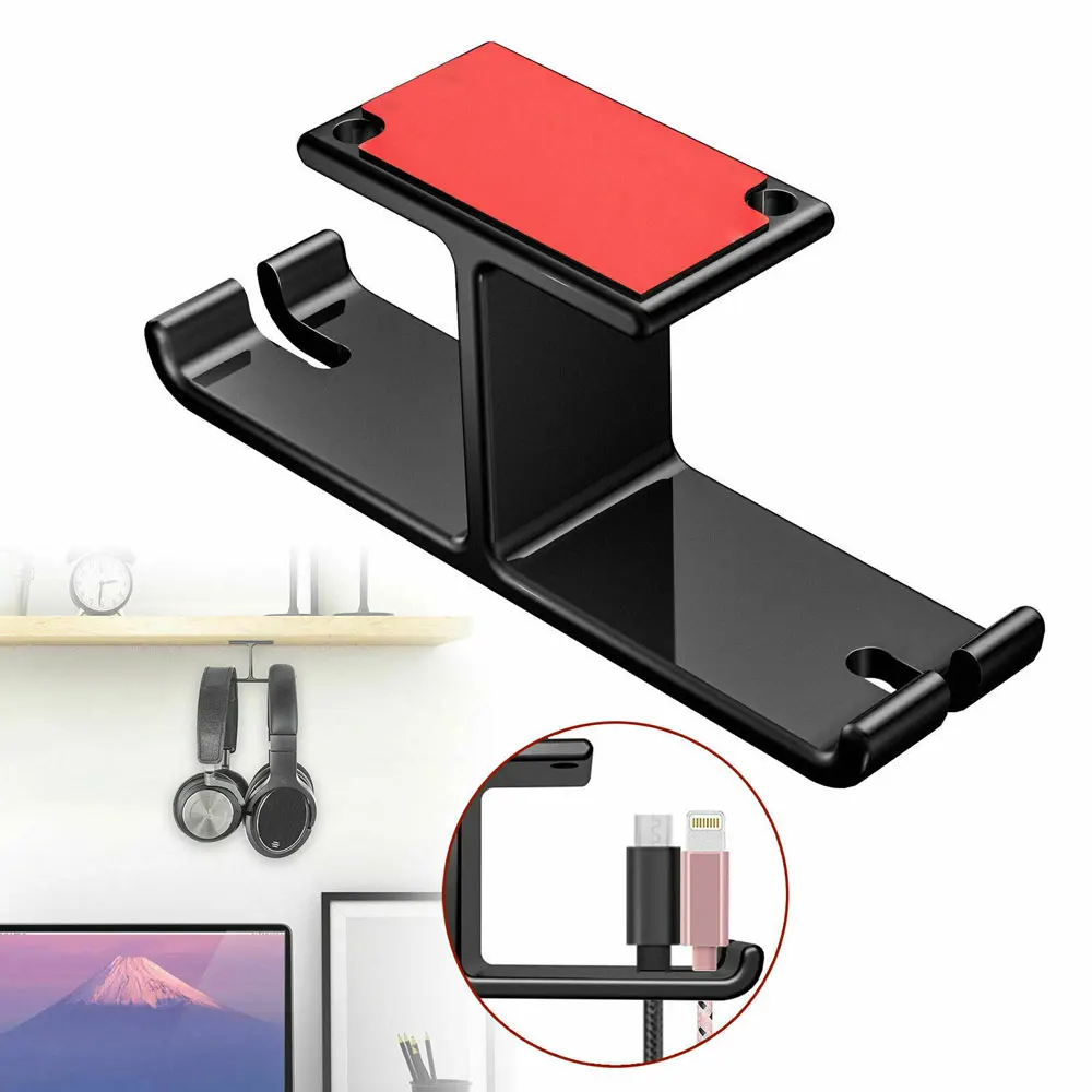 

Storage Holder Aluminum Headphone Hanger Hook Tape Under Desk Dual Headset Mount Holder Home Organizer Fashion