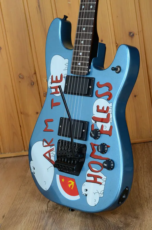 Custom Morello Metal Blue 6 Strings Electric Guitar with Pig Sticker Rosewood Fretboard FR Tremolo Bridge Maple Neck