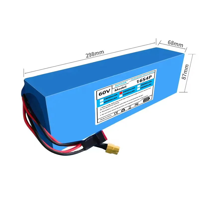Batterie Électrique 60V 16s4p 20000mAh 2000W, BMS 50A Intégré + Chargeur 20Ah 60V Batterie Lithium-ion