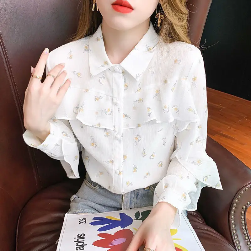 Fashion Printed Spliced Button Ruffles Shirts Women\'s Clothing 2023 Autumn Winter New Loose Korean Tops Sweet Blouses