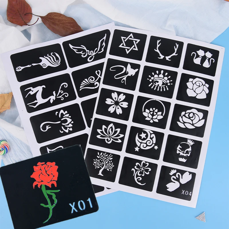 1 sayfalık/15 adet küçük sevimli çiçek kelebek karikatür dövme Stencil Airbrush Glitter dövme Stencil kadın kız çocuklar çizim şablon