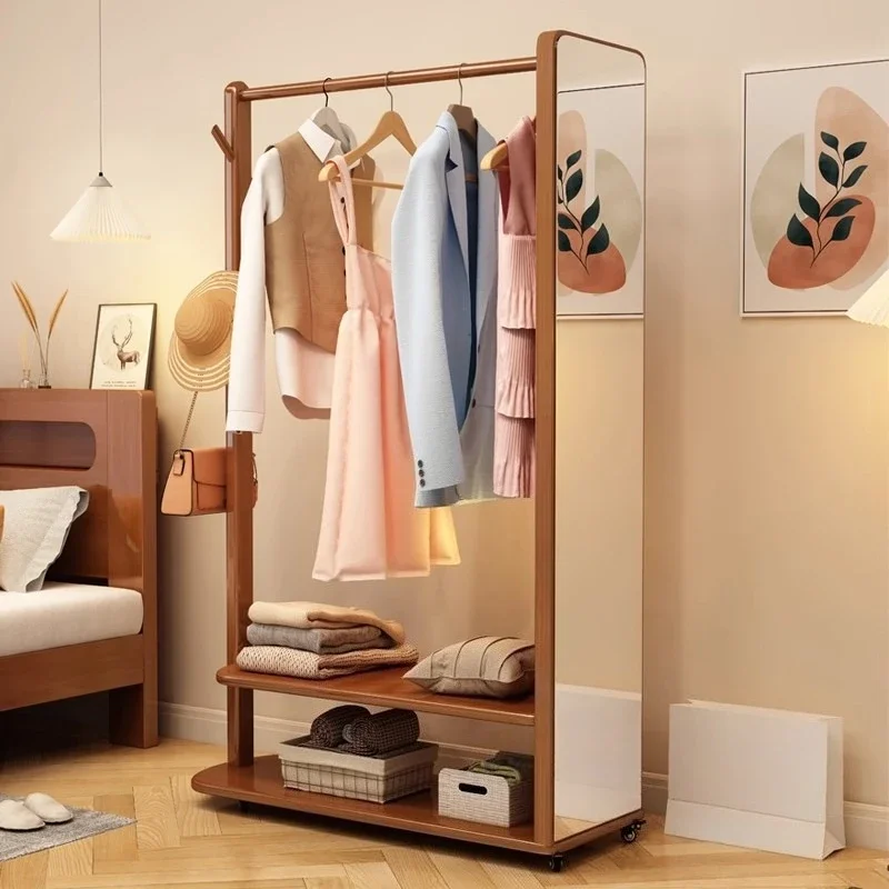 Solid wood coat rack full body try full-length mirror integrated hanger movable hanger floor bedroom rack household